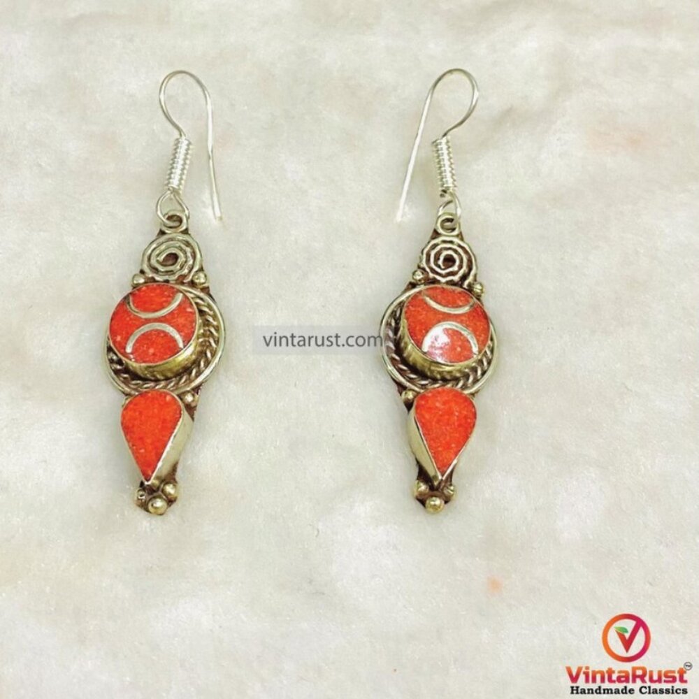 Handmade Nepalese Coral Earrings, Vintage Style Nepalese Earrings, Bohemian Drop